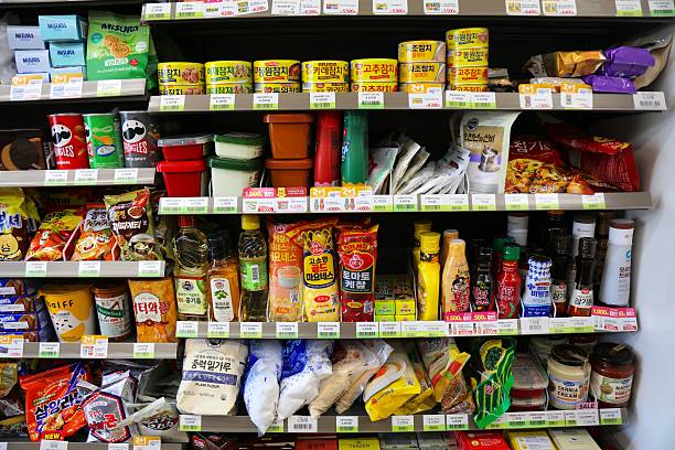 Basic grocery products in a convenience store in Busan, South Korea.