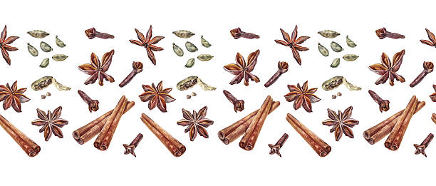 istock Seamless border watercolor condiment on white background. Badian, cinnamon spice cloves and cardamom. Hand-drawn art for dessert or drink. Aroma christmas food. Fragrant rim for wallpaper wrapping 2232159536