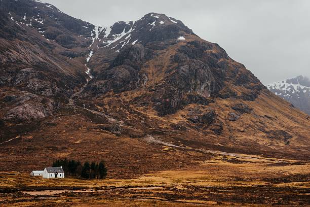 A solitary white cottage at the base of a rugged mountain in Glencoe, Scotland, under a cloudy sky.