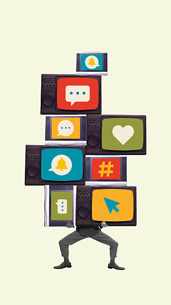 Overwhelmed figure collapsing under chaotic stack of media screens. Concept of information overload, notification stress, and social media pressure.