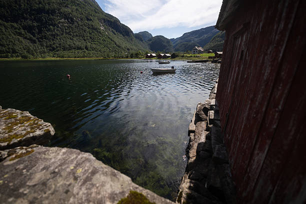 Tranquil view of a white boat anchored on a still fjord, with surrounding green mountains perfectly reflected on the mirror-like water under a clear summer sky.