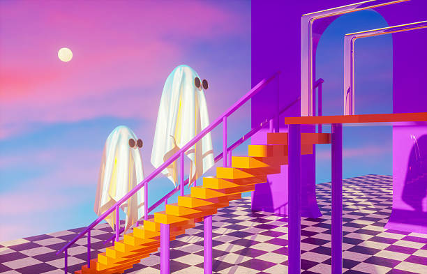 Surreal Halloween scene with cute Ghost in swimming pool. 3d rendering.