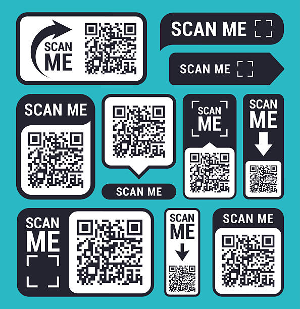 QR code SCAN ME for smartphone ICON SET. Scan me QR code sticker with text Vector illustration of Scan me QR code sticker with text. Online payment. scan barcode on phone stock illustrations