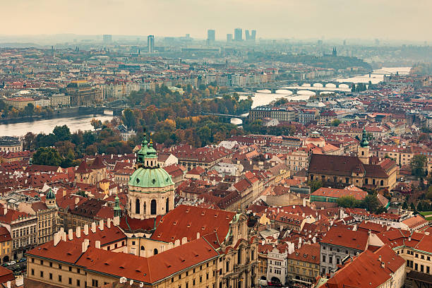 Southwest high angle view from Mala Strana, Prague, including St. Nicholas Church in foreground.