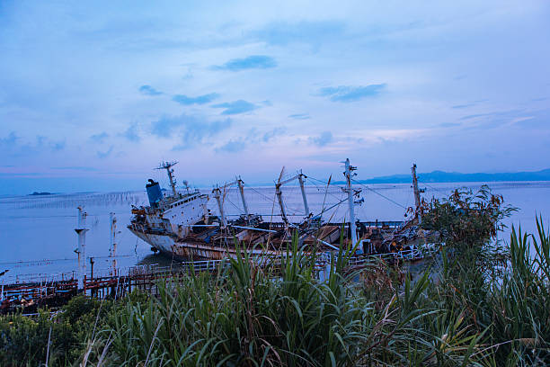 Greek coastline with the famous rusty shipwreck Dimitrios in Glyfada beach near Gytheio, Gythio Laconia Peloponnese Greece.