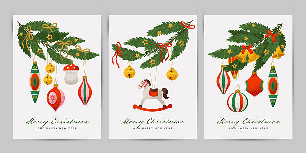 Christmas cards with Vintage Christmas Ornaments on Fir Twig. Vector illustration in Retro style