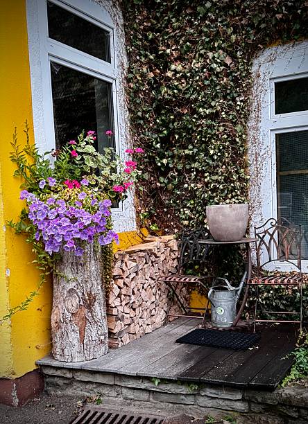 istock Cozy rustic terrace with flowers and stacked firewood 2232206450