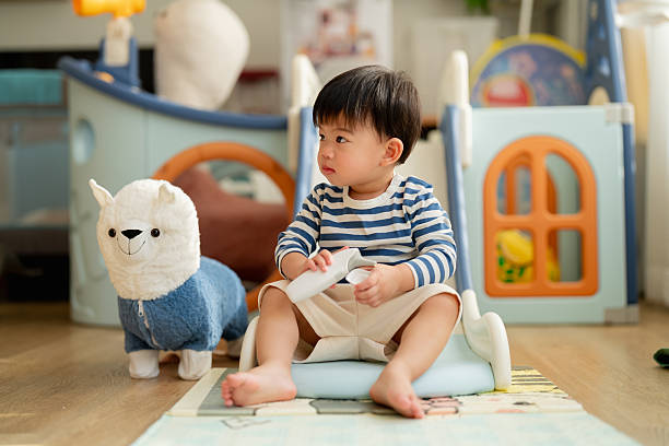 istock Happy Asian toddler boy laughs joyfully while playing on plastic slide toy, demonstrating gross motor development and emotional regulation through active play exploration and sensorimotor learning experiences 2232218202