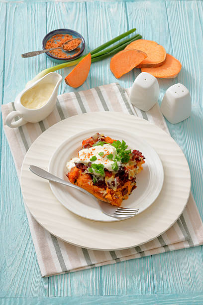 sweet potato casserole with bacon, cheese, onion