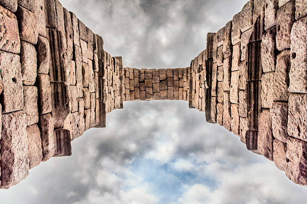 Nadir under the arch of the Segovia aqueduct. Stone and sky.
