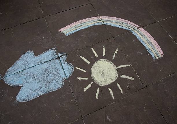 Drawings of a sunflower, clouds and the rainbow, made with sidewalk chalk on ceramic tiles.