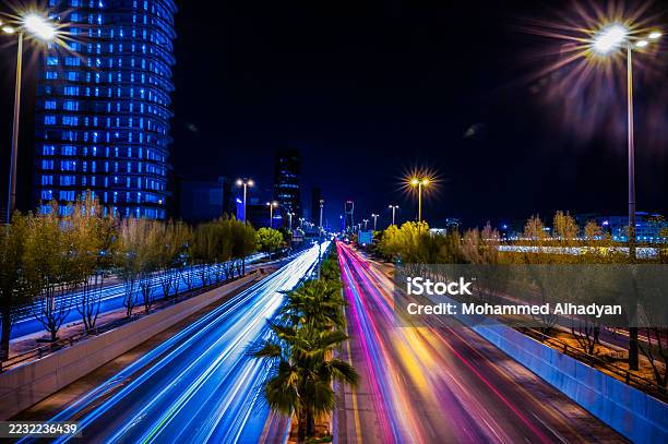 Long Exposure Of City Highway With Colorful Light Trails At Night In Riyadh Saudi Arabia Stock Photo - Download Image Now