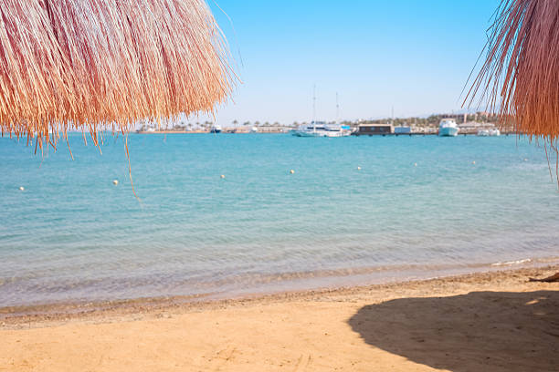 Sandy beach with straw umbrellas and boats.