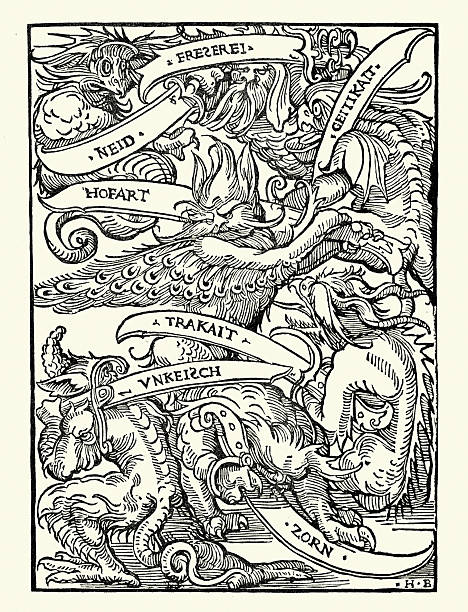 Demons, The seven deadly sins, pride, greed, wrath, envy, lust, gluttony, and slothHans Buckmair, Vintage illustration, 16th Century