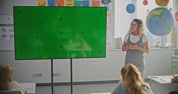 istock Female Teacher Teaching Primary School Children Using Large Digital Screen with Chromakey Mockup 2232243846
