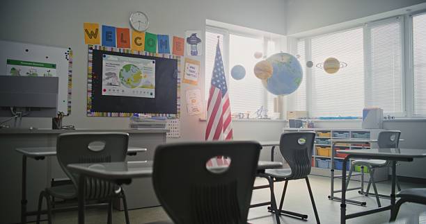 istock American Elementary School: Interior of Empty Classroom with Desks for Students 2232245021