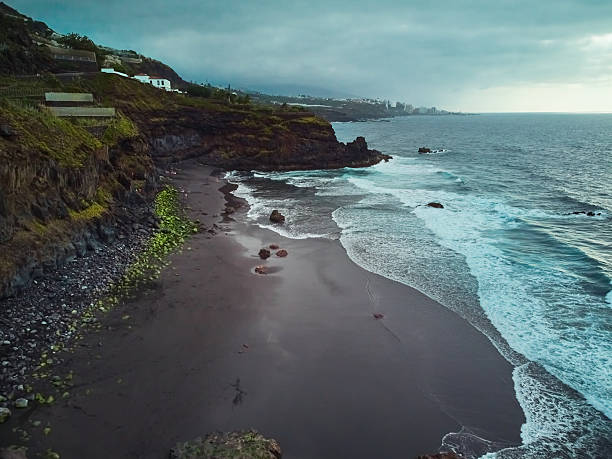 El Ancon Beach in Tenerife, Spain showcases striking black sand with scattered green algae-covered rocks. Foamy white waves from the Atlantic Ocean lap at the shoreline. A steep, rugged cliff rises to the right, its surface dotted with sparse vegetation. The sky is partly cloudy, providing a serene backdrop to the dramatic coastal landscape