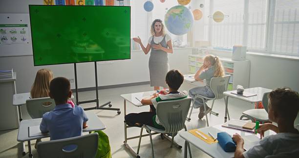 istock Female Teacher Educating Elementary School Students. Large Digital Screen with Chroma Key 2232246790