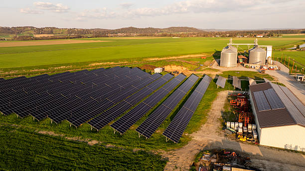 A sustainable farm is featuring grain silos and extensive solar panels under the spring sun. The solar panels are efficiently arranged in rows, harnessing renewable energy for agricultural operations.