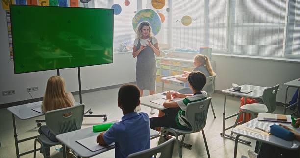 istock Female Teacher Teaching Primary School Children Using Large Digital Screen with Chromakey Mockup 2232249768