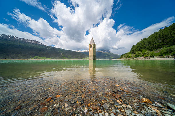 The Curon Bell Tower submerged in Lake Resia in South Tyrol