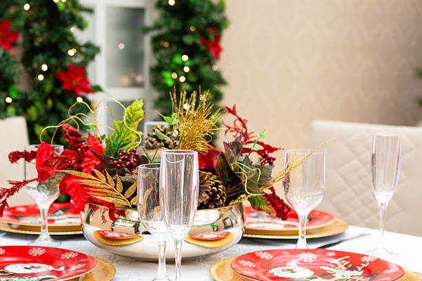 istock Christmas table decorated with festive arrangement and themed tableware 2232262919