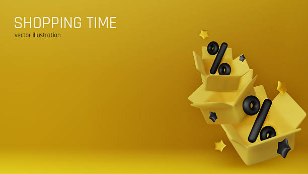 istock Modern 3D illustration of yellow open boxes with black percent signs inside. Perfect for advertising promotions, sales campaigns, and shopping-themed designs 2232264351