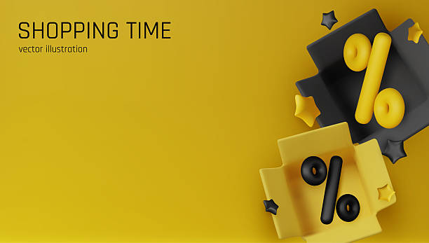 istock Yellow shopping boxes filled with black 3D percentage symbols on a solid yellow background. Ideal for ecommerce, discounts, Black Friday, and retail ads 2232264363