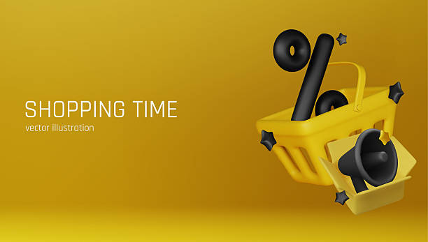 istock 3D vector illustration of a yellow shopping basket with a black megaphone and discount symbols. Perfect for promoting sales, special offers, and marketing campaigns. 2232264392