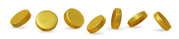 istock 3D set realistic golden coins with different angles. Symbol of gold and wealth. 2232264416