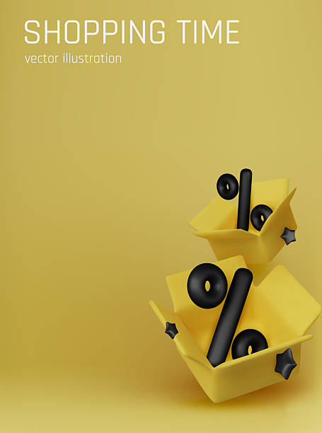 istock Modern 3D illustration of yellow open boxes with black percent signs inside. Perfect for advertising promotions, sales campaigns, and shopping-themed designs. 2232264714