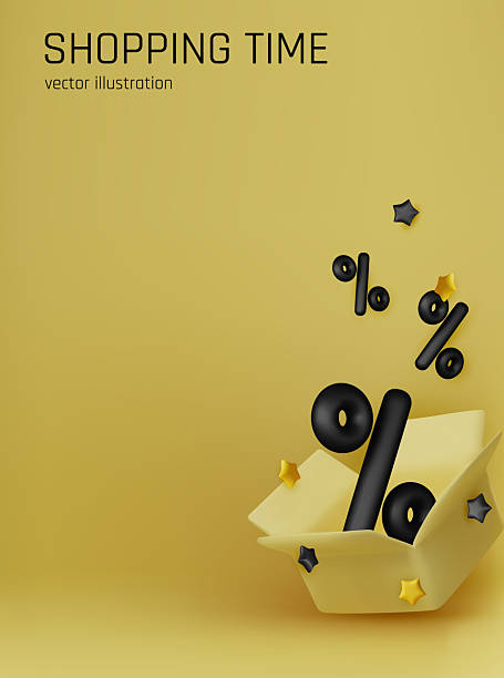 istock Modern 3D illustration of yellow open boxes with black percent signs inside. Perfect for advertising promotions, sales campaigns, and shopping-themed designs 2232264720