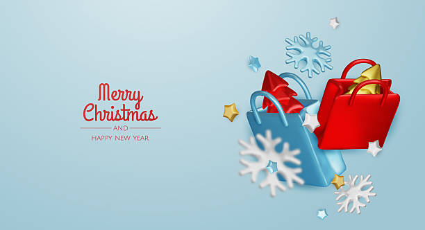 istock Christmas and New Year Sale. Red bright realistic 3d holiday object design, shopping bag, gift box. Promo sale, advertising banner, web poster. vector illustration 2232265016