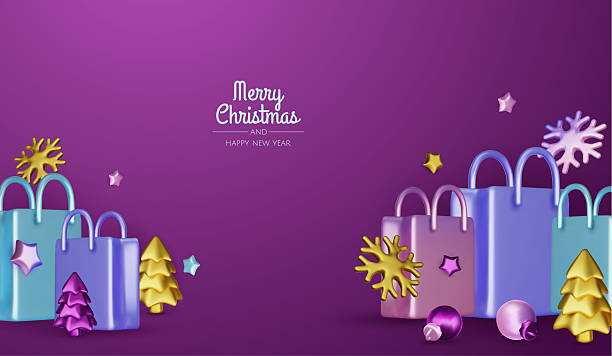 istock Christmas and New Year Sale. Bright realistic 3d holiday object design, shopping bag, gift box. Promo sale, advertising banner, web poster. vector illustration 2232265324