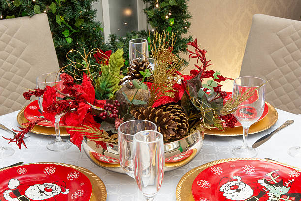 istock Christmas table decorated with festive arrangement and themed tableware 2232267140