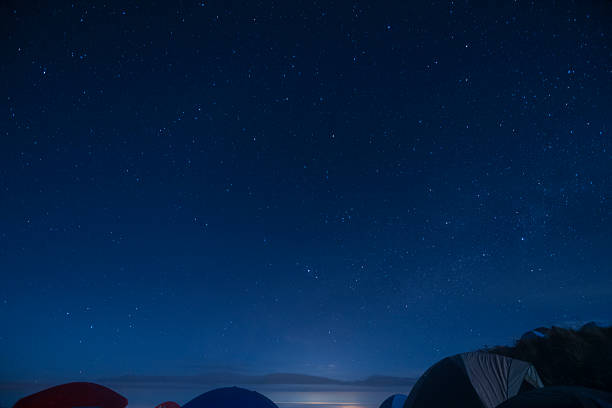 Cloudless blue starry night background over a group of camping tents