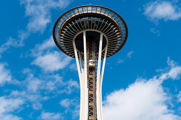Seattle, Washington, USA - July 26, 2024: Space Needle observation tower. Seattle architectural landmark. Architecture of Space needle. Tower architecture landmark. Modernist tower design.