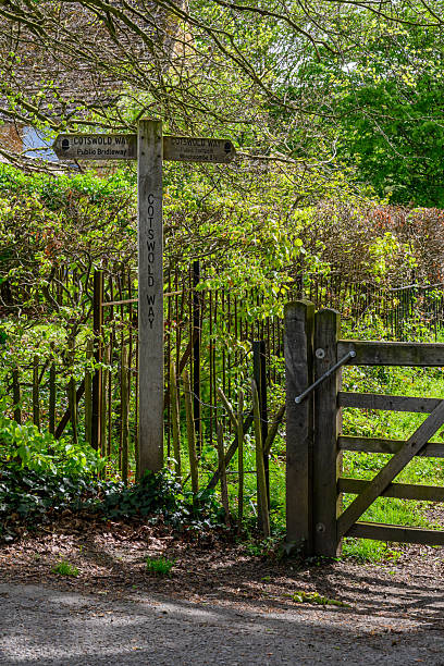 istock Road signs on trail that goes through the patchwork farming fields and pasture in Cotswolds region of England 2232275239