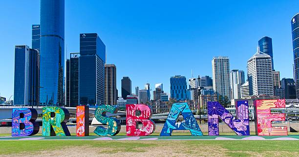 Brisbane, QLD, Australia - August 23,2025: Big Brisbane letter sign with CBD in the background.