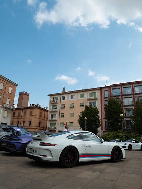 Cremona, Italy - August 22nd 2025 White Porsche 911 GT3 parked in an urban square, showcasing its sporty design and capturing the essence of automotive excellence