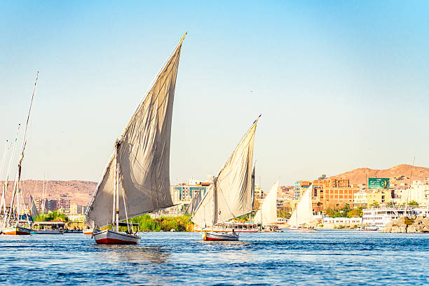 Traditional Egyptian felucca boat sails across the smooth Nile River toward a verdant shore with desert background