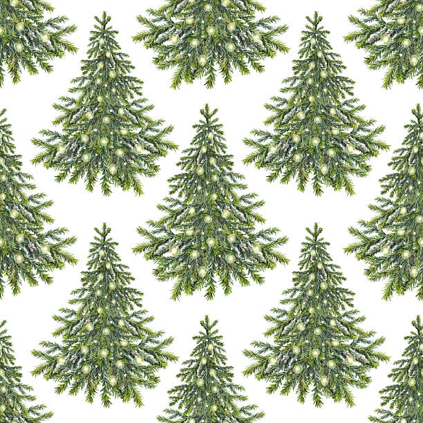 istock Watercolor seamless pattern with Christmas tree with gold garland on white background. Forest evergreen fir or pine for sticker or card. Hand-drawn art for New Year celebration wrapping or wallpaper 2232287882