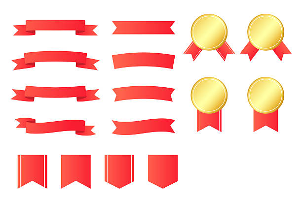 Red ribbon and award badge vector set. Decorative banners, medals, and labels.