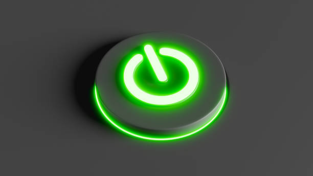 Black power button with green illumination, startup or energy consumption theme, 3D illustration