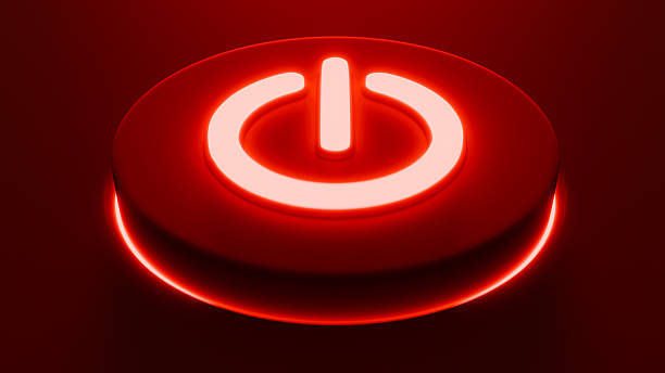 Horizontal image of a black button with red backlight shaped like a power icon, end and energy theme, 3D illustration