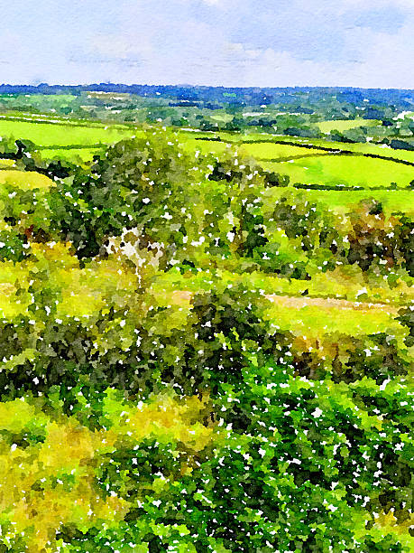 A view of the countryside near Garrigill in Cumbria in the North Pennines. There are trees and fields in the background. It is heavily post processed to create a painterly effect.