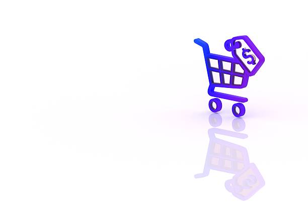 3D shopping cart with price tag icon isolated on white background, symbolizing e-commerce, online shopping, retail business, and digital marketplace. Minimalist modern style with reflection effect.