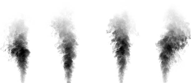 istock Realistic black smoke rising isolated on white background, perfect for pollution, fire, toxic, abstract texture, industrial design, danger, and creative digital graphic projects. 2232313259