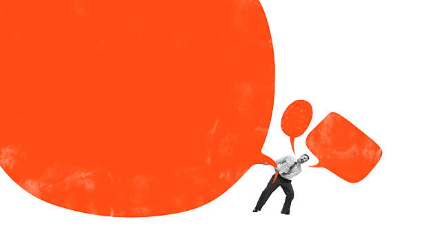 Bright collage of man holding oversized red speech bubbles with expressive copy space