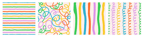 istock Colorful seamless pattern set of hand drawn curved lines, dots and texture strip. Trendy vector design with abstract shapes, simple and playful doodle wallpaper print 2232316082